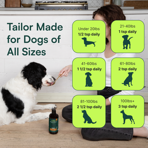 Woman feeding large black and white dog with dosage guide for dog supplements by weight