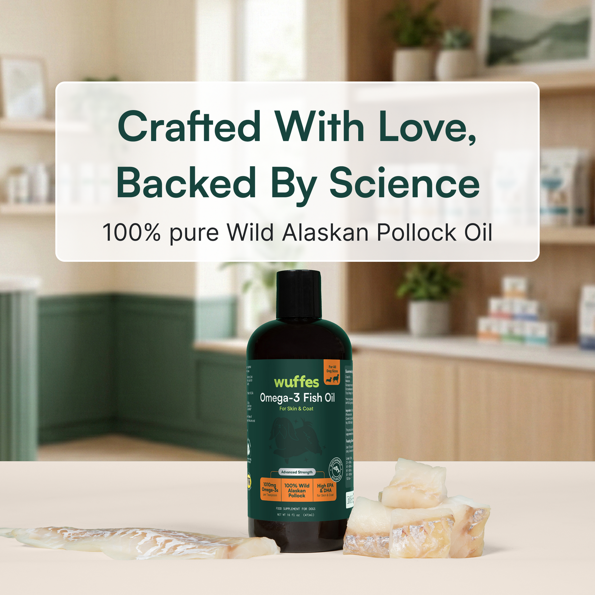 Bottle of omega-3 fish oil supplement with pieces of pollock on a kitchen counter background