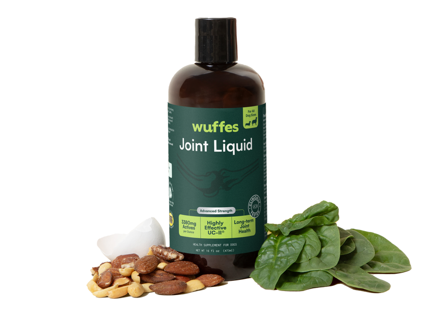 Bottle of Wuffes Joint Liquid supplement surrounded by nuts and fresh spinach leaves