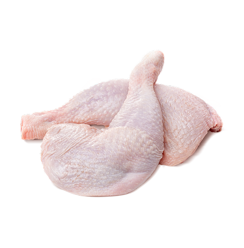 Two raw chicken leg quarters with skin visible isolated on white background