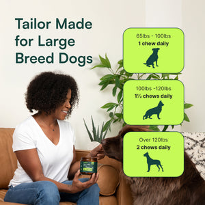 Woman holding dog supplement jar next to large brown dog with dosage guide for large breeds