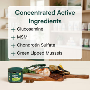 List of concentrated active ingredients including glucosamine, MSM, chondroitin sulfate, and green lipped mussels