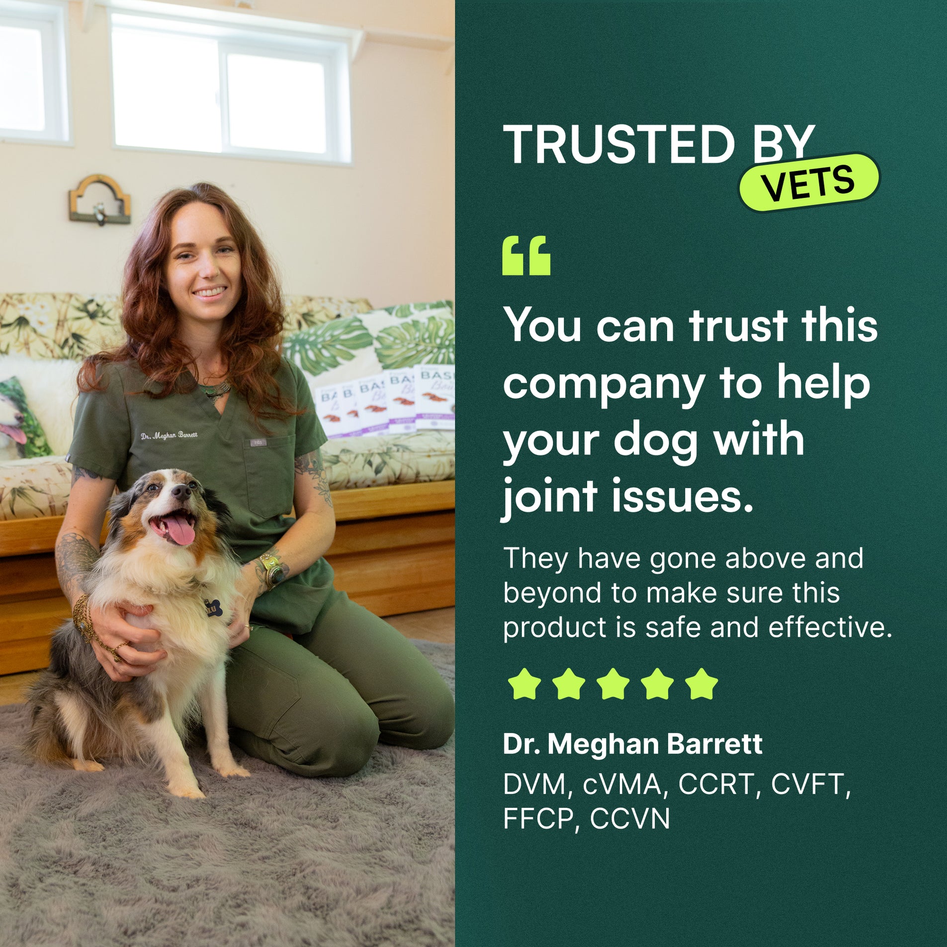 Veterinarian sitting on floor with dog beside quote endorsing joint health support for dogs