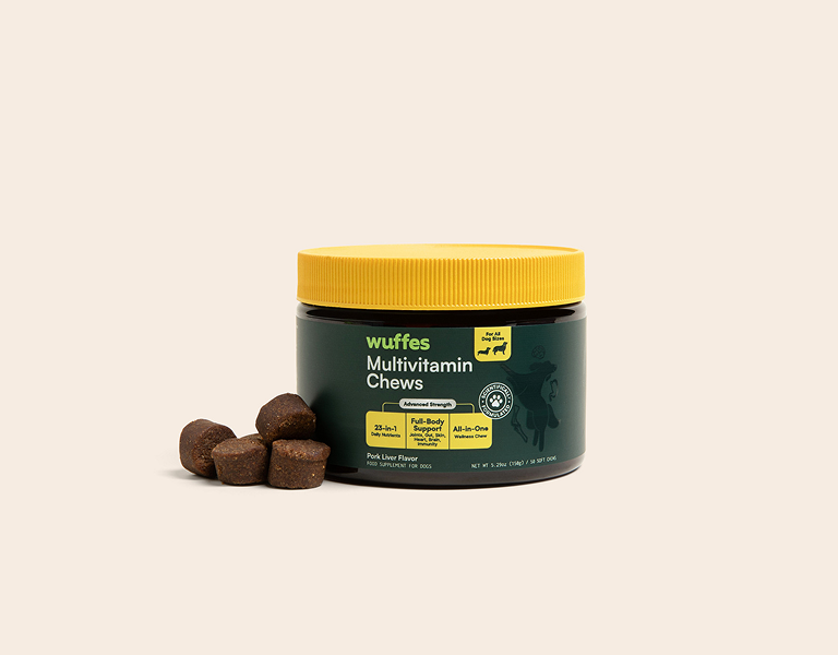 Container of multivitamin chews with yellow lid and brown square chew treats beside it