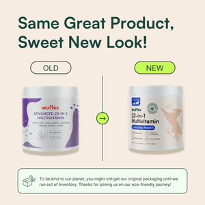 Comparison of old and new packaging for Wuffes 23-in-1 Multivitamin. The left side shows the old packaging with a purple label while the right side displays the new packaging with a beige label The text above reads 'Same Great Product, Sweet New Look!' and below the images, a note says, 'To be kind to our planet, you might still get our original packaging until we run out of inventory. Thanks for joining us on our eco-friendly journey!'