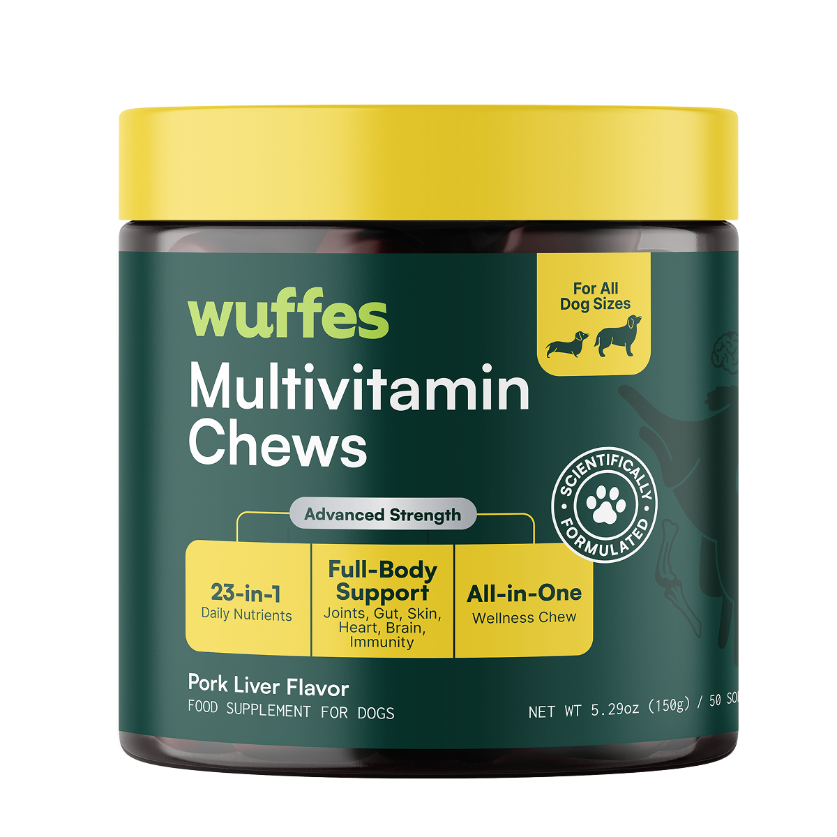 Container of wuffes multivitamin chews for dogs with yellow lid and green label.