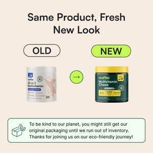 Comparison of old and new dog multivitamin chew packaging with eco-friendly inventory note