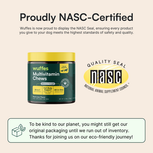 Container of Wuffes multivitamin chews for dogs next to the NASC quality certification seal.