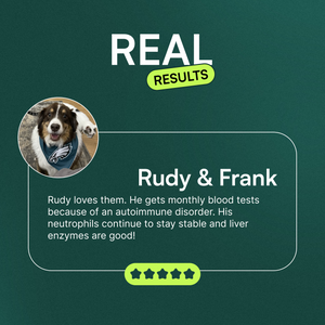 Testimonial card with a dog photo and positive health results from supplements displayed clearly