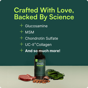 A promotional graphic for Wuffes Advanced Joint Liquid with the headline 'Crafted With Love, Backed By Science.' The text lists key ingredients: Glucosamine, MSM, Chondroitin Sulfate, UC-II Collagen, and 'And so much more!' Below the text is an image of the product bottle surrounded by various healthy ingredients, including a piece of meat, almonds, spinach, and kale. The background is dark green.