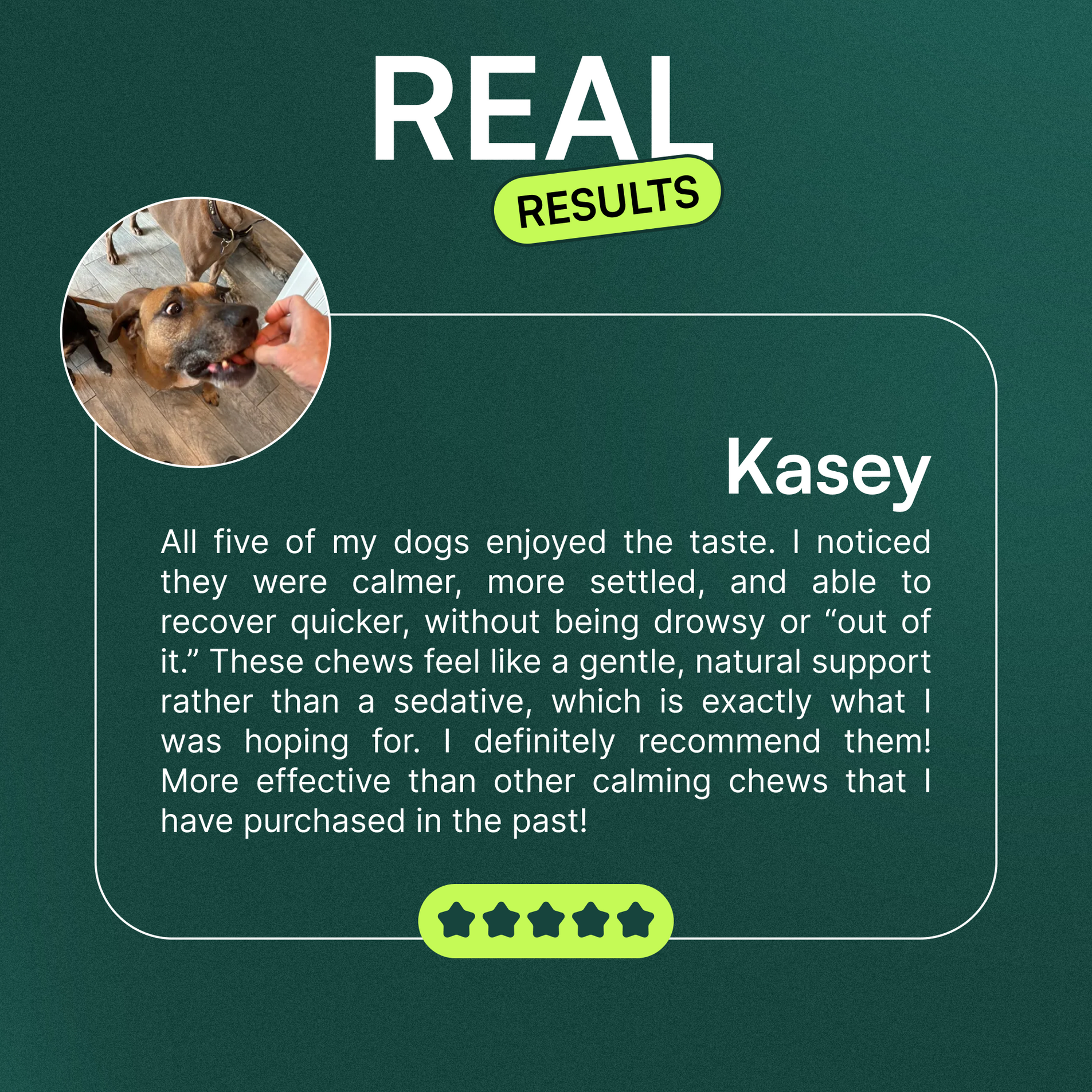 Testimonial from Kasey describing calming effects of dog chews with photo of a dog being fed a treat