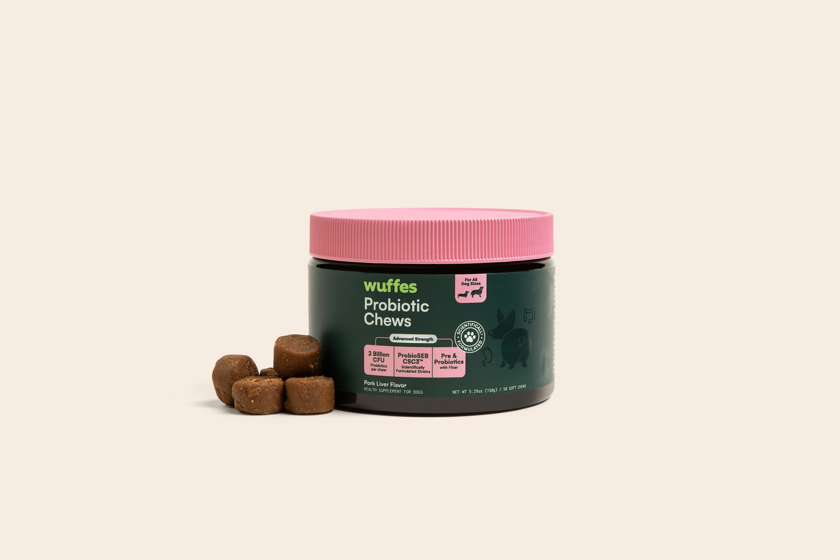 Container of Wuffes probiotic chews for dogs with several brown chews beside it