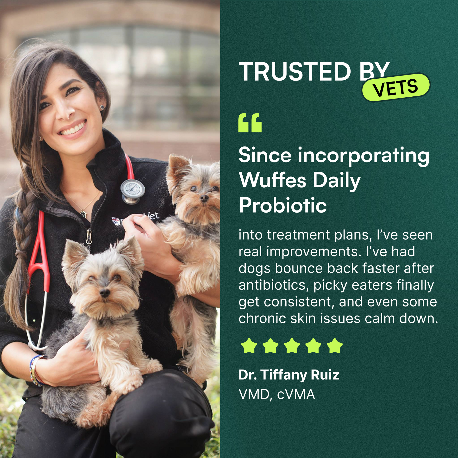 Veterinarian smiling holding two small dogs with testimonial about probiotics for dogs beside her