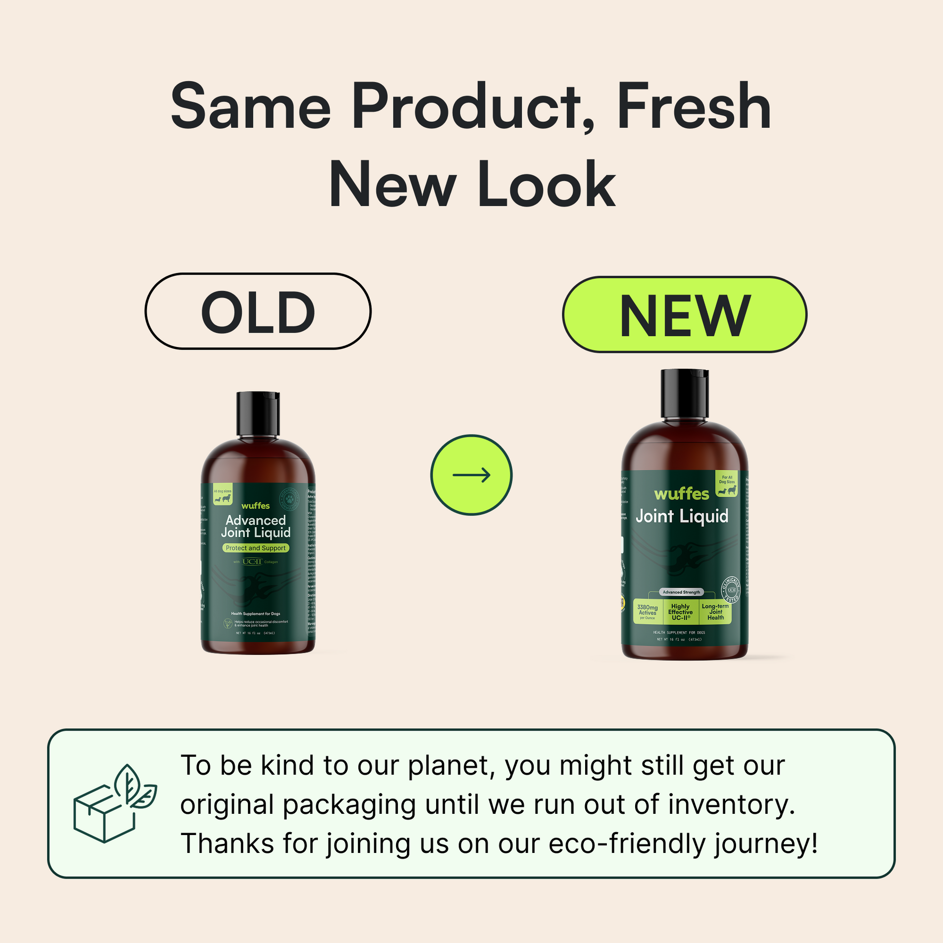 Comparison of old and new dark green labeled bottles for Wuffes Joint Liquid supplement redesign.