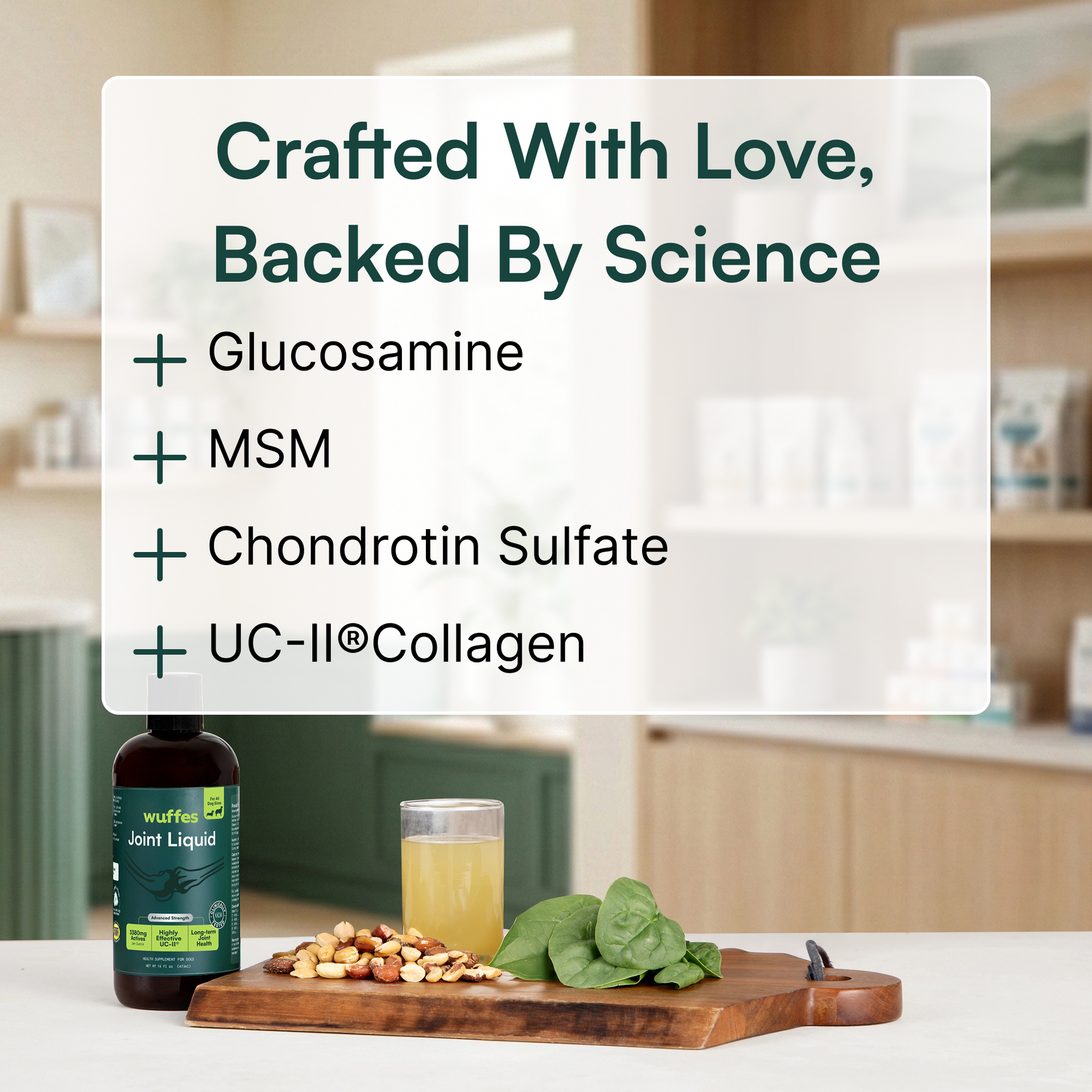 Bottle of joint supplement with nuts, spinach, and a glass of liquid on a kitchen counter