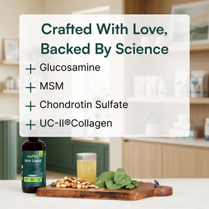 Bottle of joint supplement with nuts, spinach, and a glass of liquid on a kitchen counter