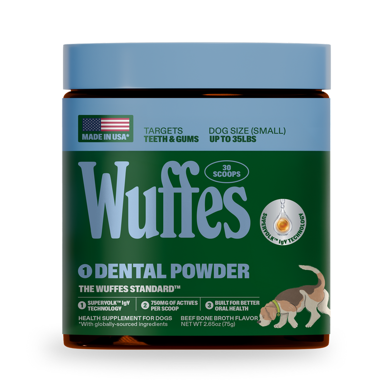 Wuffes dental powder container for small dogs, beef bone broth flavor, 30 scoops