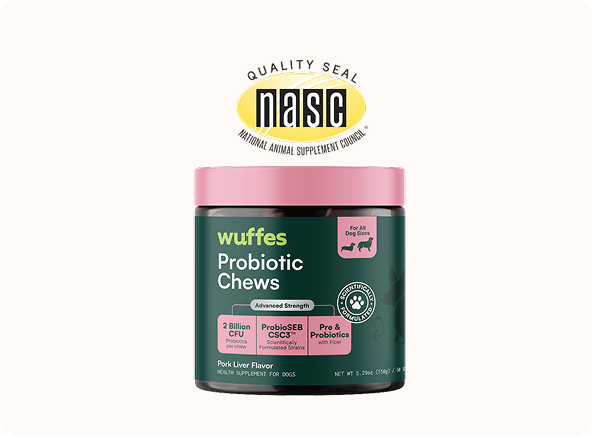 Container of Wuffes Probiotic Chews for dogs with Nasc quality seal above it.